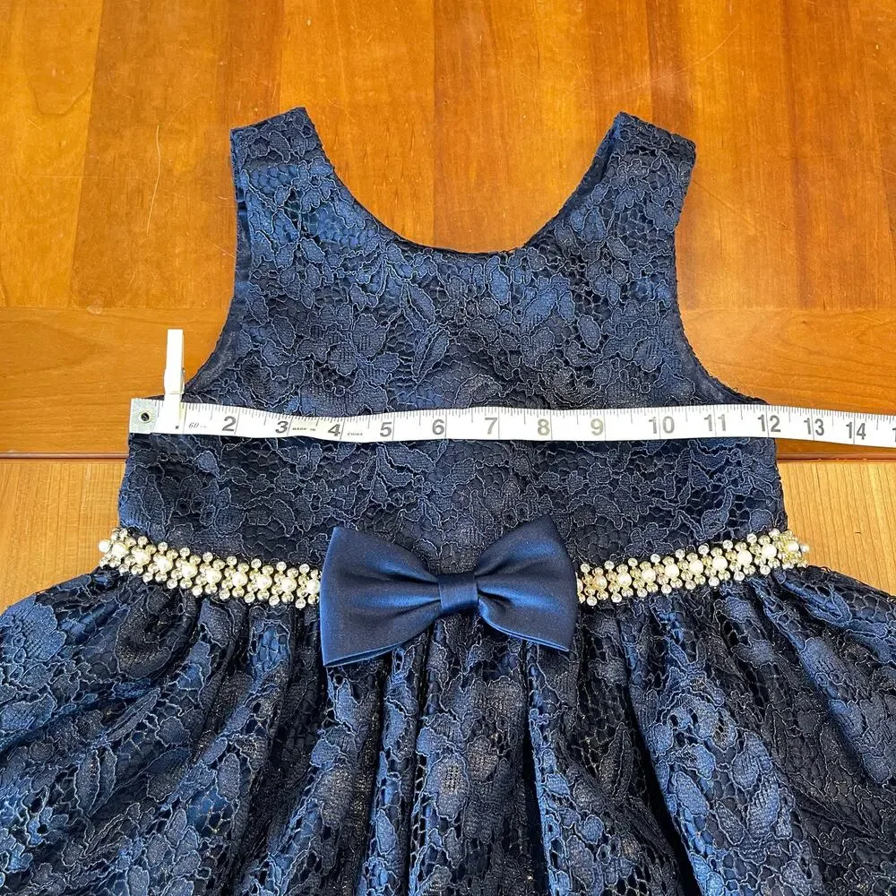 American Princess Girls Navy Gold Lace Dress Pearl Waist Bow Size 6X 7 Formal